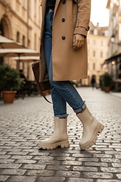 DİVOLYA Senni bézs bőrű, oldalsó elasztikus, vastag talpú napi csizma