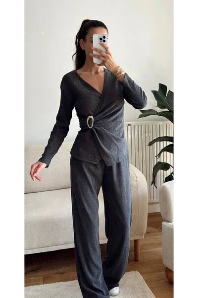 ARK MAĞAZALARI Long Sleeve Double Breasted Suit with Belt (Smoked)