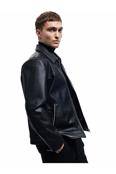 Koton Μακρυμάνικο παλτό από συνθετικό δέρμα με λεπτομέρεια τσέπης με φερμουάρ στο γιακά