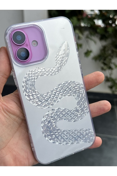 EDELFU iPhone 16 - Aurora Yılan Desenli Parlak Hologramlı Beyaz Yanları Yumuş...
