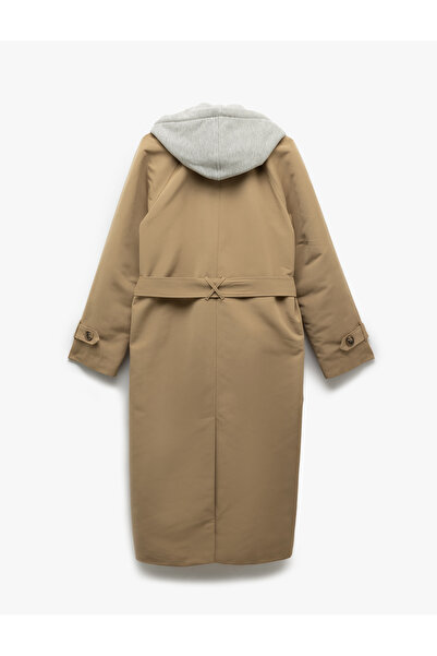 Koton Hooded Collar Belt Detailed Buttoned Pocket Long Trench Coat