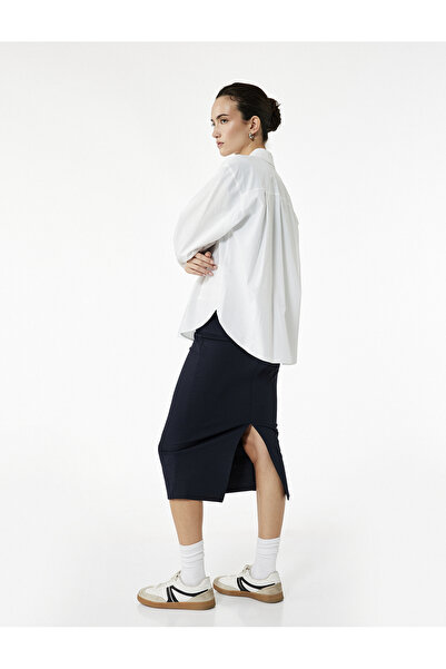 Koton Beli Çizgili Lastik Detaylı Midi Slim Fit Kalem Etek