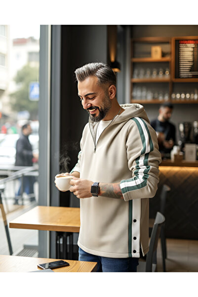 higo Şerit ve Düğme Detaylı Oversize Erkek Kapüşonlu Sweatshirt