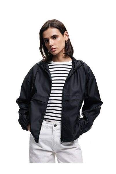 Koton Zippered Hooded Long Sleeve Faux Leather Raincoat