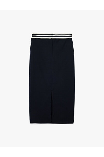 Koton Beli Çizgili Lastik Detaylı Midi Slim Fit Kalem Etek