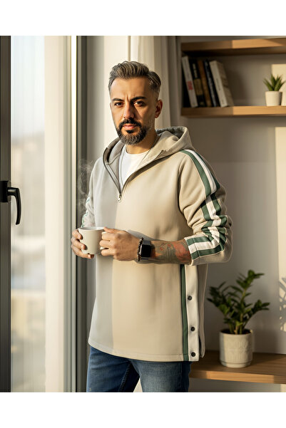 higo Şerit ve Düğme Detaylı Oversize Erkek Kapüşonlu Sweatshirt