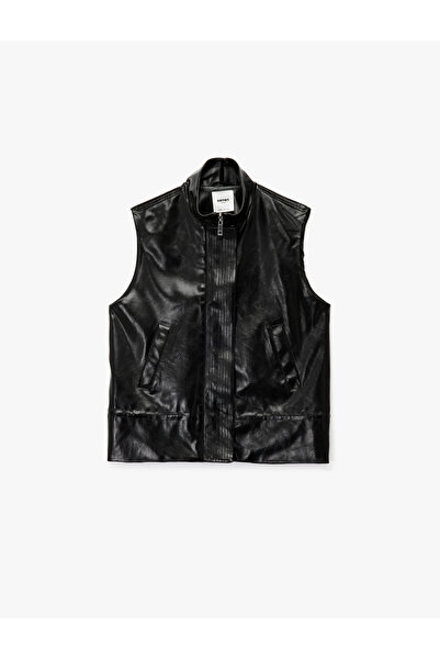 Koton Γιλέκο από συνθετικό δέρμα με τσέπες και φερμουάρ ψηλός λαιμός