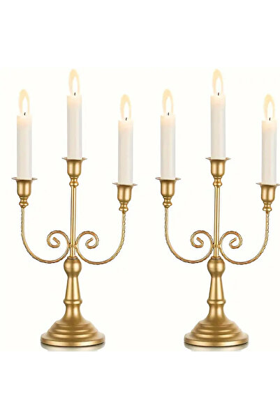 bliss store 1ADET | Vintage Metal Şamdan, 3 Kafalı Gold Şamdan