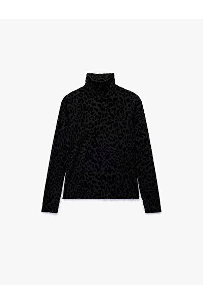 Koton Long Sleeve Turtleneck Leopard Print Velvet T-Shirt