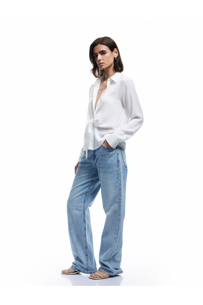 Koton Aerobin Fabric Long Sleeve Satin Shirt with Front Tie Detail