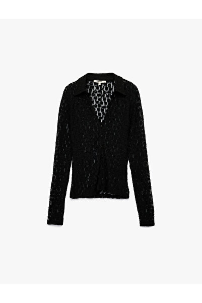 Koton Slim Fit ημιδιάφανο μακρυμάνικο πουκάμισο με δαντέλα με λαιμόκοψη