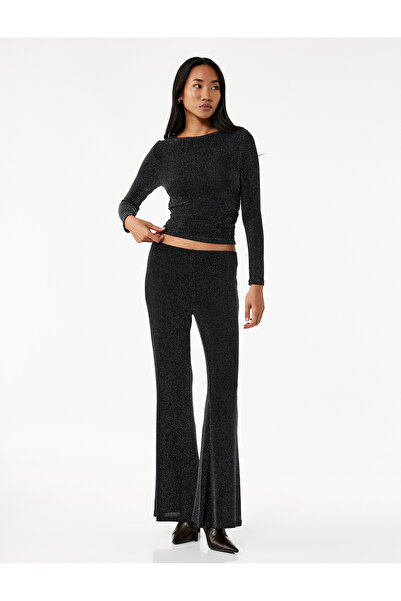 Koton Slim Fit μακρυμάνικο μπλουζάκι με στρογγυλό λαιμόκοψη με ασημί