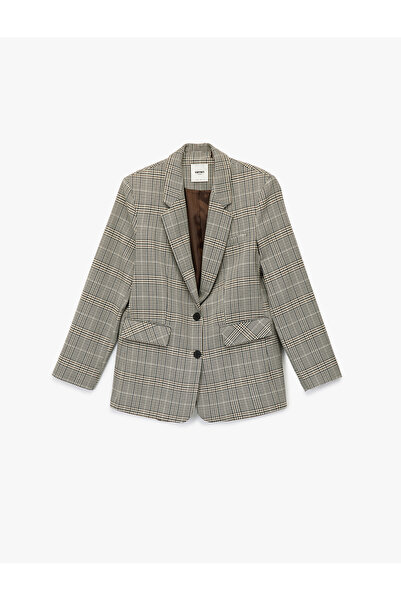 Koton Wide Collar Viscose Blend Pocket Detailed Buttoned Plaid Blazer Jacket