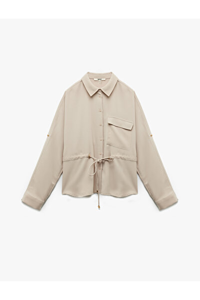 Koton Crepe Fabric Regular Fit Long Sleeve Shirt Jacket with Lacing Detail