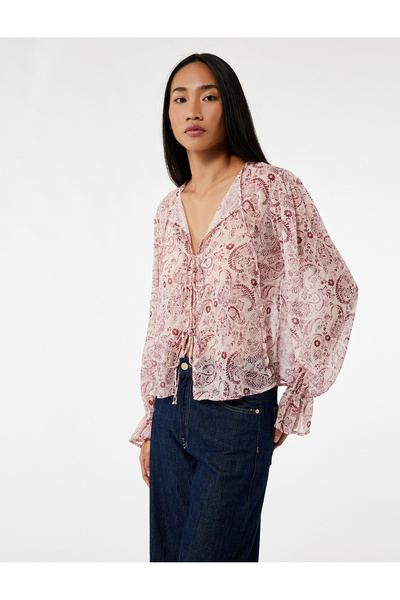 Koton Long Sleeve Tie Neck Ethnic Patterned Shirt