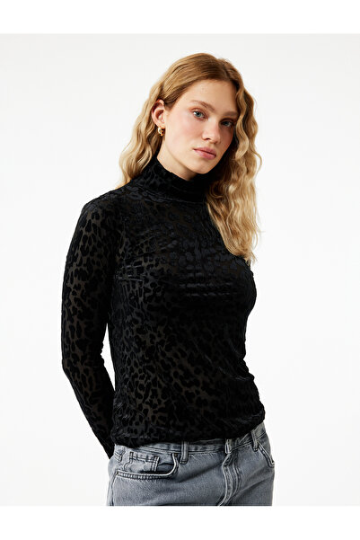 Koton Long Sleeve Turtleneck Leopard Print Velvet T-Shirt