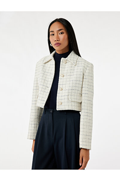 Koton Жемчужна ґудзик Деталізована картата круаза Довгорука твітова кроп-жакет