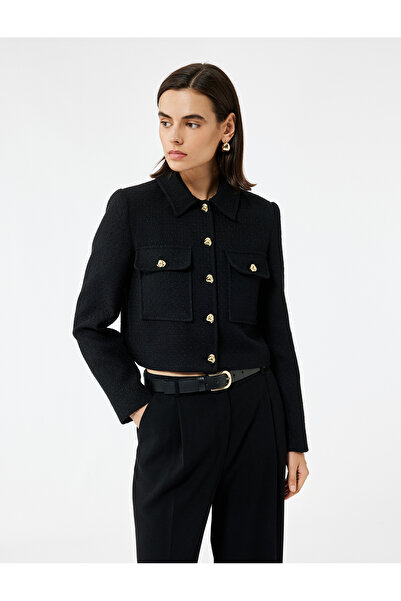 Koton Düğmeli Kapaklı Cep Detaylı Kruvaze Uzun Kollu Tüvit Ceket