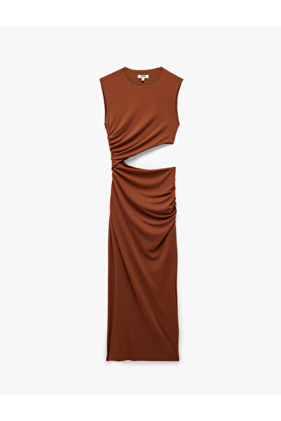 Koton Sleeveless Draped Window Detail Crew Neck Long Bodycon Dress
