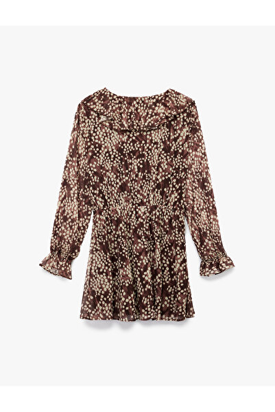 Koton Bol Kalıp Fırfırlı V Yaka Uzun Kollu Desenli Mini Şifon Elbise