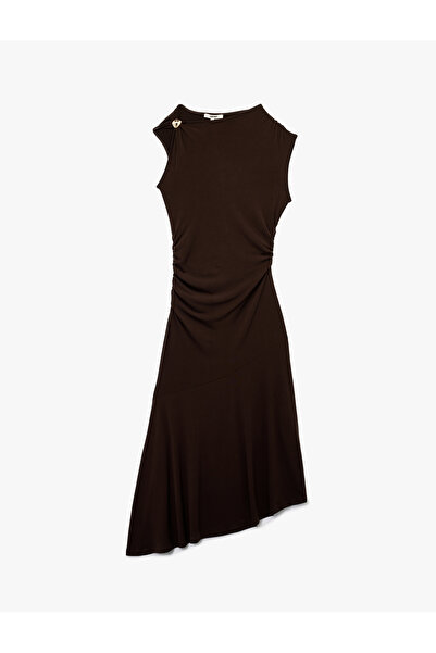 Koton Sandy Kumaş Aksesuarlı Kolsuz Drapeli Asimetrik Kesim Uzun Elbise
