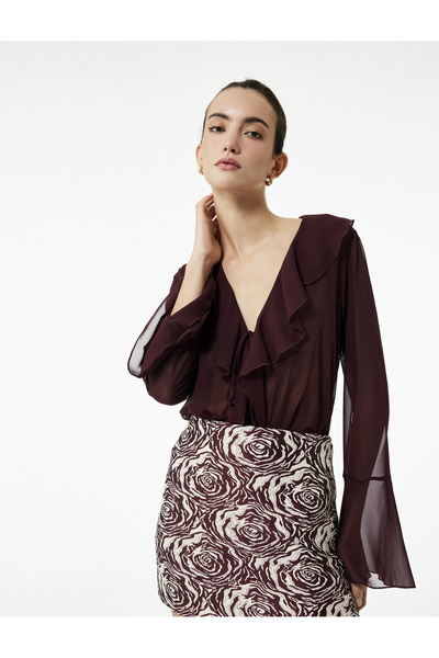 Koton Semi-Sheer Tie-Up Detail Long Sleeve V-Neck Ruffled Chiffon Shirt