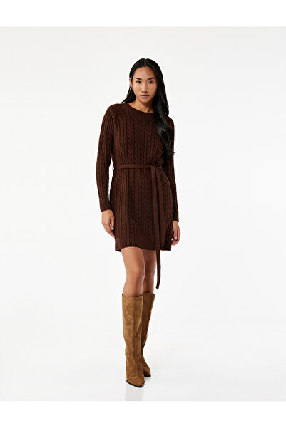 Koton Μίνι φόρεμα πλεκτό με μακρύ μανίκι και λαιμόκοψη με ζώνη