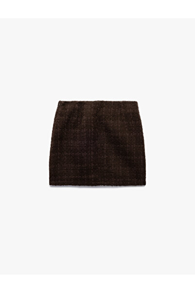 Koton Aplike Detaylı Kareli Yüksek Bel Mini Tüvit Etek