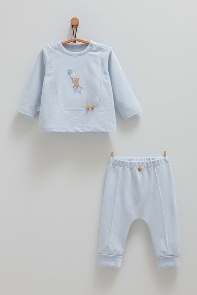 Caramell Cute Fly Button Detail Top and Bottom Set Blue