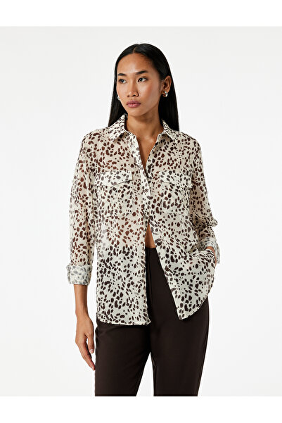 Koton Long Sleeve Leopard Print Chiffon Shirt with Pockets