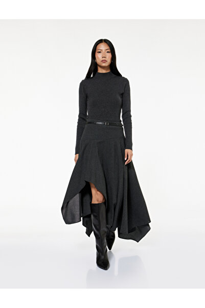 Koton Μίντι φούστα με ασύμμετρη άκρη, λεπτομέρεια με ζώνη και βολάν από μαλλί