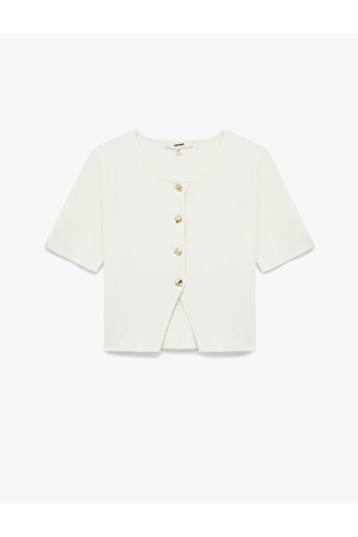 Koton Asymmetrical Short Sleeve Crew Neck Button Cardigan