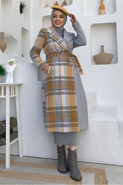 TRENDTESETTÜR WOMEN'S GRAY PLAID PATTERNED COAT T 2977