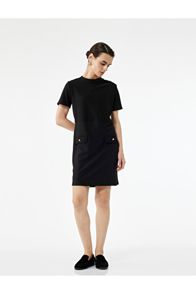 Koton Rochie mini neagră pentru femei cu mâneci scurte guler rotund cu detali...