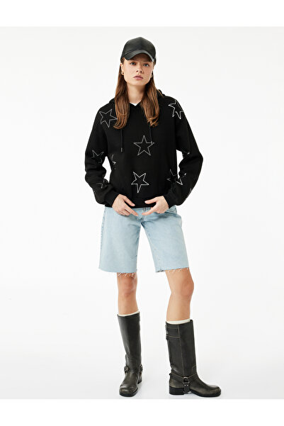 Koton Hanorac oversize pentru femei, negru, cu glugă, 6Wal10089Ik