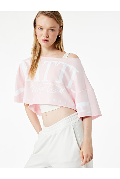 Koton Tricou crop oversize cu mânecă scurtă, cu imprimeu, cu umăr deschis