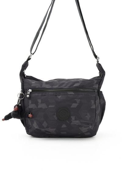 Sanmorris Women's Black Patterned Crinkle Fabric Cross Shoulder Bag with Accessories