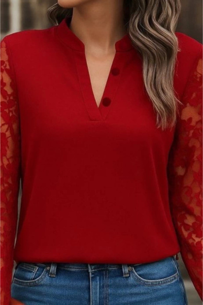 MAREANDPANDA Women's Long Sleeve Collar Button Detail Laced Sleeve Crepe Blouse