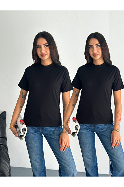 fiolin Kadın Siyah Dik Yaka 2'li Paket %100 Pamuk Basic Örme T-shirt