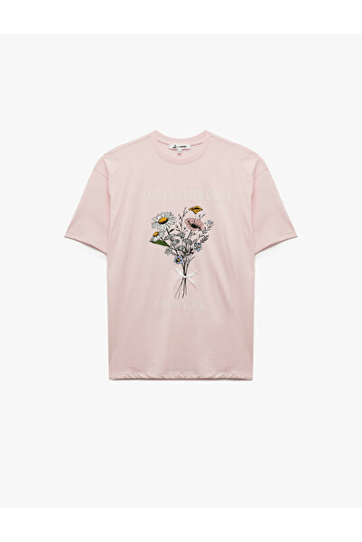 Koton Μπλουζάκι με κοντό μανίκι με λαιμόκοψη με βαμβακερό λουλουδάτο στάμπα