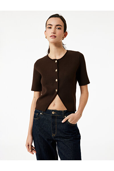 Koton Ασύμμετρη κοντομάνικη ζακέτα με κουμπιά με λαιμόκοψη