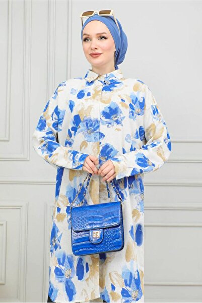 TRENDTESETTÜR KADIN BEJ (BEJ-MAVİ) DESENLİ PAMUKLU TUNİK T 2496