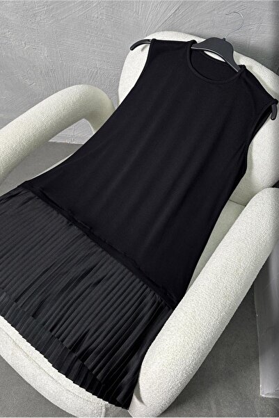 TRENDTESETTÜR Women's Black Sleeveless Pleated Inner Tunic t 6774