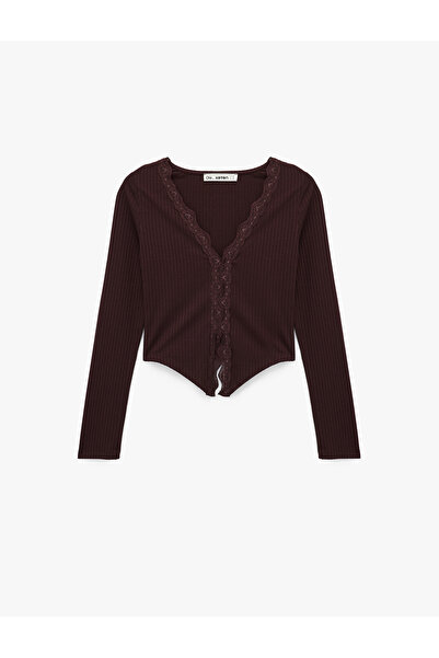 Koton Camisole Lace Detail V Neck Long Sleeve Button Asymmetrical Crop T-Shirt