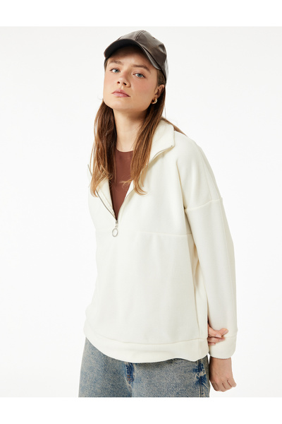 Koton سويت شيرت صوف شيرت كبير الحجم بأكمام طويلة وسحاب نصفي