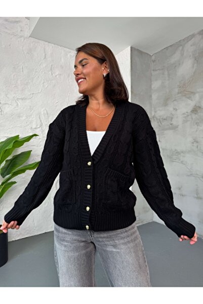 Elif Özbey Butik Cardigan cu buzunare împletite cu păr negru