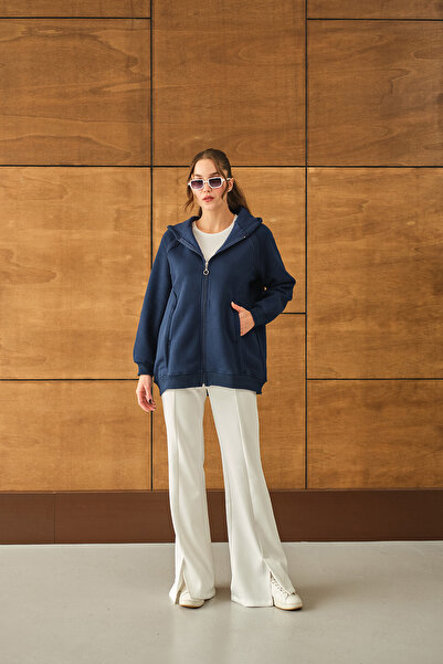 LOCCO Γυναικείο πουλόβερ Λεπτομέρεια με κουκούλα Ζακέτα Ναυτικό Μπλε