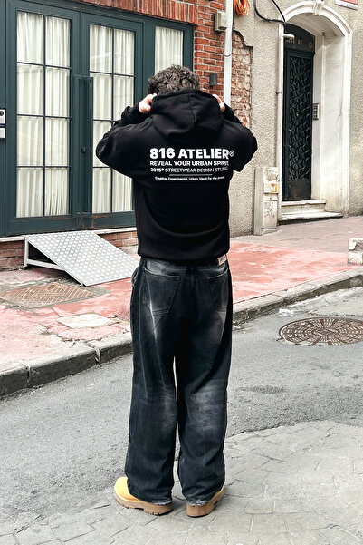 Sekizbiraltı 816 أتيليه ®   هودي أسود كبير الحجم مطبوع للجنسين