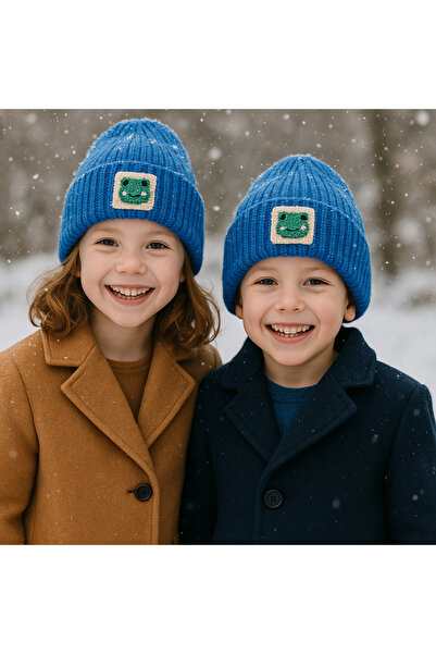 byebruketenci Детска синя вълнена шапка с форма на жаба - шапка с детайли в ф...