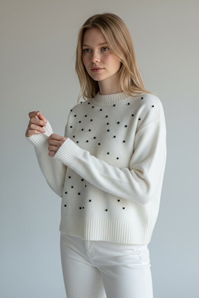 NEWCO Perle STONE Detaliat Tricotat Model de tricotaj casual Pulover Gâtul rotund Potrivire confortabilă Model șic de zi cu zi